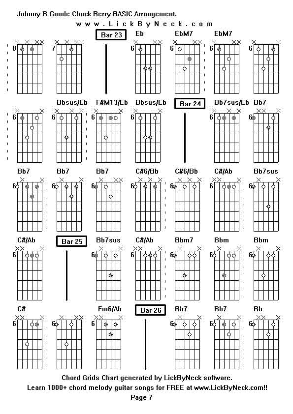 Chord Grids Chart of chord melody fingerstyle guitar song-Johnny B Goode-Chuck Berry-BASIC Arrangement,generated by LickByNeck software.